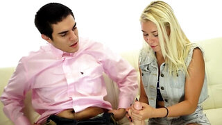 Teen with fair hair takes cock in hands sliding up and down