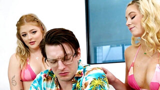 Two blonds tease their brother by eating each other's cunts