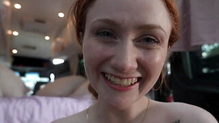 Cute ginger has fun with her BF in the back of his trailer