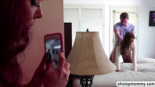 Busty milf stepmom Janet gets caught in a hot threesome sex