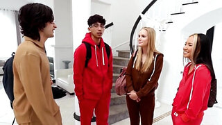 Skinny stepsister gripping hard dick to make him cum quick