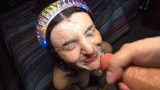 Monster cock makes petite brunette lose her mind and try facial