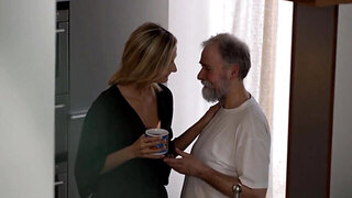 Old man and blonde begin morning with sensual sex