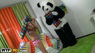 Teddy bear with a black cock in her mouth gave the blonde
