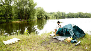 Hot babe fucked in threesome in tent by lads long dick