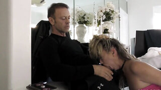 Powerful porn director penetrates easy girl's pussy and mouth