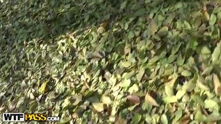 Outdoor blowjob and cum eating