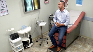 A hot doctor is playing with her patient's cock while waiting