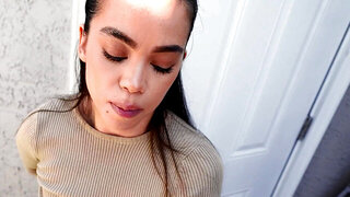 Angelina Moon sucks and rides a big cock in the storage room