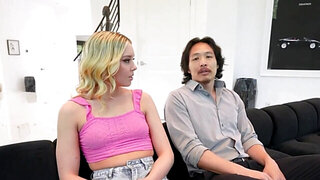 Blondie takes her boss' huge Asian dick with no shame