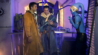 A girl is getting fucked hard in a threesome in a parody scene