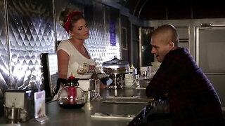 Sad fellow seduced by blonde barmaid with round assets