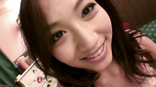 Japanese teen masturbates before sucking a fat dick