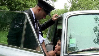 Outdoors screwing after the long drive for busty sluts