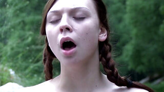 Nasty petite teen cums hard outdoors on dildo fucking
