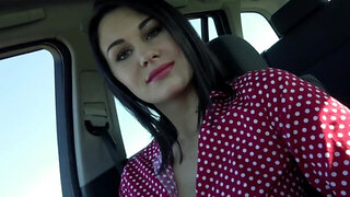 Delightful brunette in polka dot shirt pussy-fucked outdoors