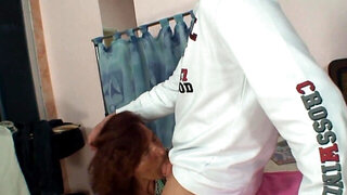Tricky old dressmaker riding a young cock after the BJ