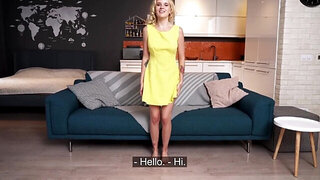 Blonde in a yellow dress wants to impress with hard sex