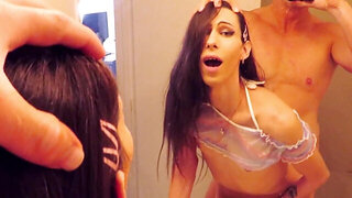 Skinny brunette gets fucked hard in front of the mirror