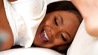 Ebony bimbo with a fat booty takes on two dongs at once