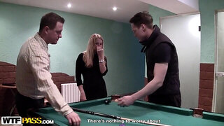 Very sexy blonde gets two shafts to play with