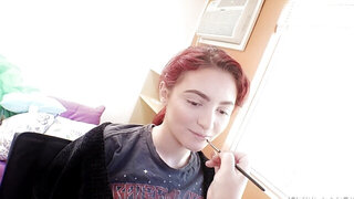 Behind the scene footage with a petite redhead