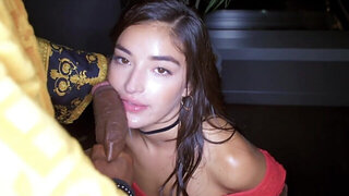 Skinny brunette worships hard penis in a taboo scene