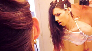 Skinny brunette gets fucked hard in front of the mirror