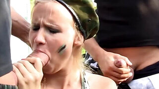 Blonde is able to take on a group of men penetrating her meaty holes