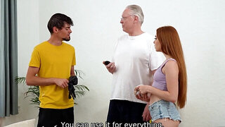 Cute redhead teen getting banged by her cuck bf's granddad