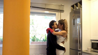 Stunning blonde MILF is fucking her stepson in the kitchen