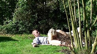 Czech BBW rides dick of her daughter's BF outdoors
