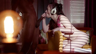 Chick with headphones is darting sideways on chair fucked by BBC