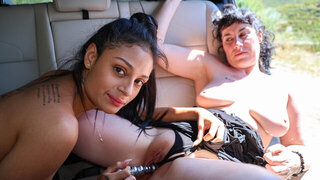 Erotic strap-on sex on the backseat between a teen and her stepmom