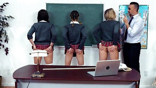 Three schoolgirls worship an older dude for some reason