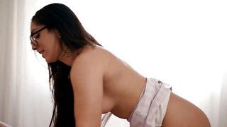 Petite cutie with glasses gets eaten and pounded hard