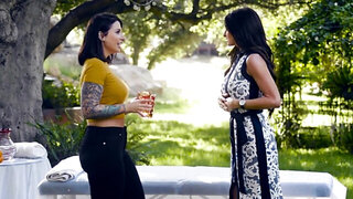 MILFs with black hair get it on in nature