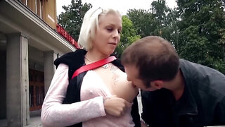 Mia Gun with round tits is carnal with the young man in his van