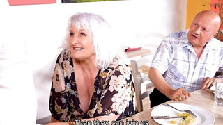 Waiter fucking old bitch in front of her loser cuckold