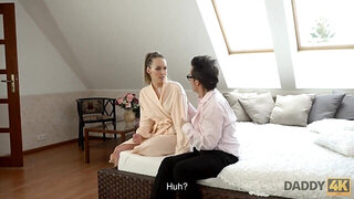 Cutie loves giving pleasure to stepfather in bed