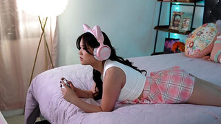 Cute Asian gamer Lulu Chu catches a dick in her tight cunt