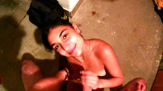 Brunette girl gets fucked in public by a horny dude