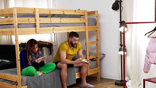 Jerking off creep ends up fucking a petite blondie