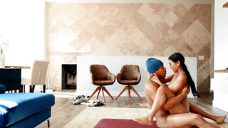 Twin-tailed Asian minx rides partner's black bulge on the floor