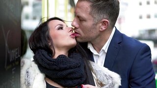 A bitch with large tits is getting fucked in her tight pussy