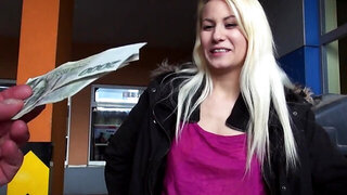 Innocent looking blonde gets down to suck a big meat pole