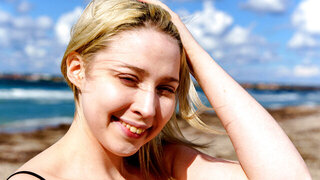 Hot Blonde Masturbating On The Beach In Pink High Heels