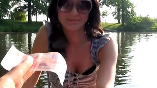 Brunette Russian girl takes money and gets stripped for guy
