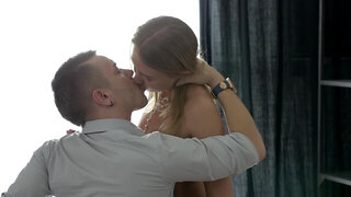 Naked blonde girl looks amazing while riding her husband