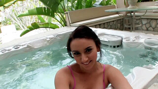 A tight woman is taking a dip in the pool and then fucks in the house